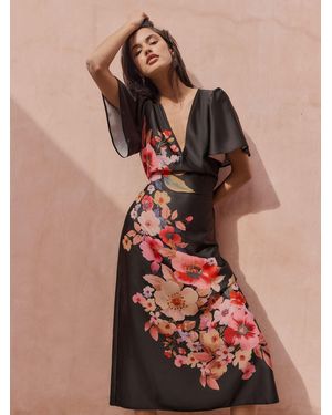 Friends Like These V-Neck Floral Printed Satin Midi Dress - Black