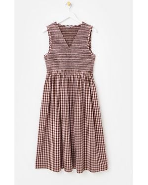 Oliver Bonas Gingham Shirred Bodice V-Neck Midi Dress - Purple