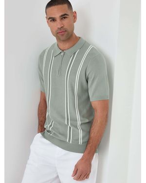 Threadbare Stripe Quarter Zip Knitted Polo Shirt - Green