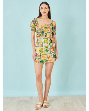 Yumi' Postcard Print Cotton Wrap Skirt - Blue