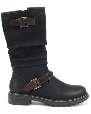 Pavers Casual Buckle Strap Mid-Calf Biker Boots - Black