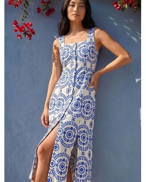 Roman Petite Button Down Midi Dress - Blue