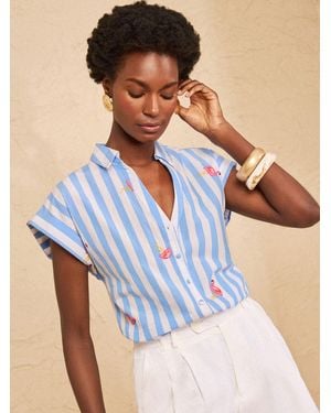 Love & Roses Flamingo Embroidered Button Down Short Sleeve Shirt - Blue