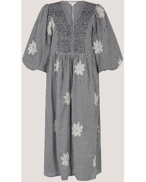 Monsoon Mimi V-Neck Puff Sleeve Gingham Cotton Midi Dress With Embroidered Flowers - Gray