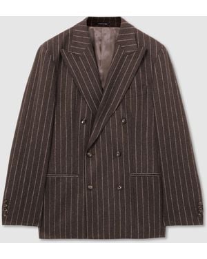 Reiss Wool Flannel Chalk-Stripe Double-Breasted Suit Blazer Classic-Fit - Brown