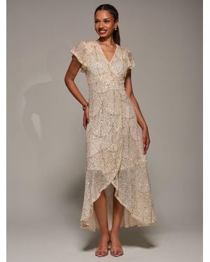 Jolie Moi Frill Short Sleeve Sequin Maxi Dress - Brown