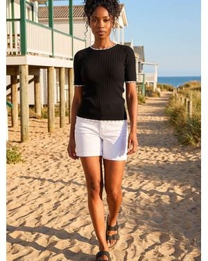Roman Button Detail Ribbed Knit Top - Metallic