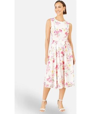 Yumi' Delicate Floral Midi Skater Dress - White