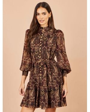 Yumi' Paisley Long Sleeve Shirt Dress - Brown