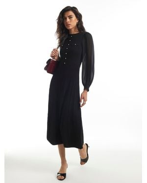 River Island Long Sleeve Chiffon Pointelle Dress - Black
