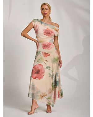 Jolie Moi Asymmetrical Draped Mesh Maxi Dress - Yellow