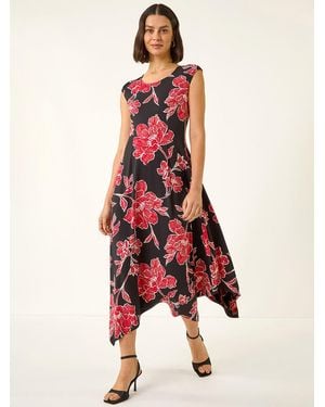 Roman Floral Print Stretch Midi Dress - Red