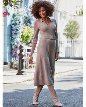 Sosandar Contrast Trim Knitted Midi Shirt Dress - Natural