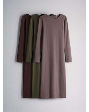 The Set 3 Pack Long Sleeve Ribbed Jersey Maxi Dresses - Brown