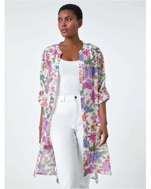 Roman Floral Print Longline Shirt - White