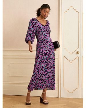 Love & Roses Printed V-Neck Puff Sleeve Midi Dress - Purple