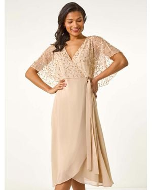 Roman Sequin Embellished Maxi Wrap Dress - Natural