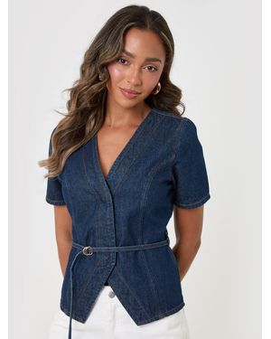 Threadbare Denim Belted Short Sleeve Top - Blue