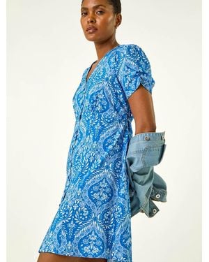 Roman Daisy Print V-Neck Tea Dress - Blue