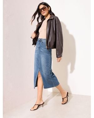 Friends Like These Petite Split Front Denim Midi Skirt - Blue