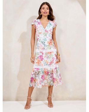 Lipsy Premium Broderie Lace Short Sleeve V Neck High Low Midi Dres - Pink