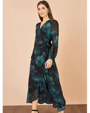 Yumi' Floral Dipped Hem Wrap Midi Dress - Blau