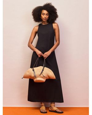 Ro & Zo Petite Stripe Racer-Neck Tie Back Dress With Linen - Black