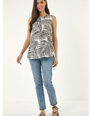 Roman Palm Print Curved Hem Shell Top - Blue