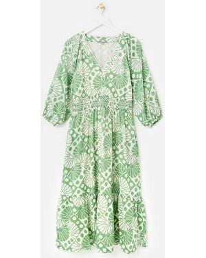 Oliver Bonas Sun Print V-Neck Tiered Midi Dress - Green