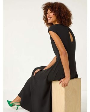 Roman High Neck Pleated Midi Dress - Black