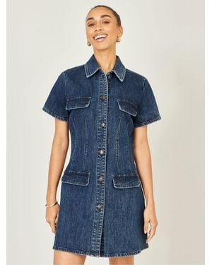 Yumi' Denim Stretch Shirt Dress With Pocket Details - Blue