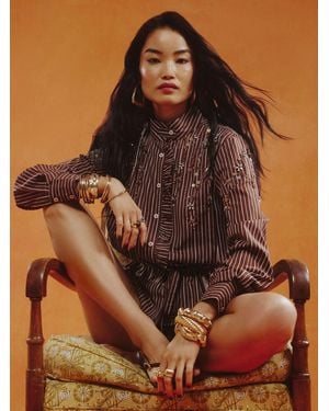 River Island Stripe Embroidered Belted Shirt - Brown