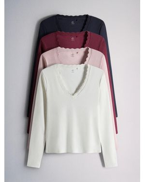 The Set 4 Pack Ribbed V-Neck Scallop Long Sleeve Tops/Burgundy/Lilac/Ecru - Purple