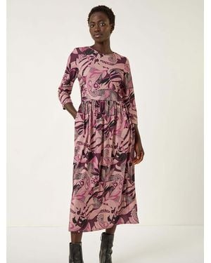 Roman Floral Print Gathered Stretch Midi Dress - Pink