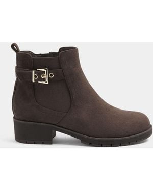 Yours Curve Wide Fit Faux Suede Buckle Stretch Ankle Boots - Brown