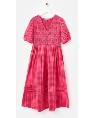 Oliver Bonas Gingham Shirred Bodice Puff Sleeve Midi Dress - Pink
