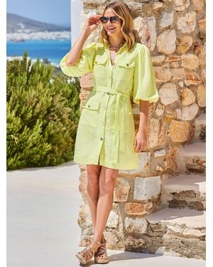 Sosandar Linen Blend Puff Sleeve Utility Shirt Dress - Green