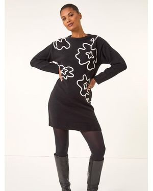 Roman Floral Motif Knit Dress - Black