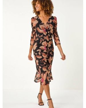 Roman Ruched Floral Frill Dress - Brown