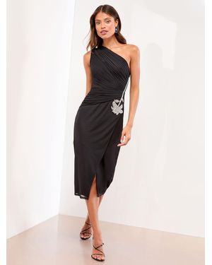 Lipsy One Shoulder Sleeveless Embellished Trim Mesh Bodycon Midi Dress - Natural