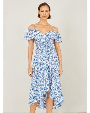 Yumi' Floral Print Bardot Midi Dress With Dip Hem - Blue