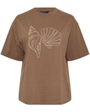 Yours Curve Limited Longline Embroidered Shell T-Shirt - Brown