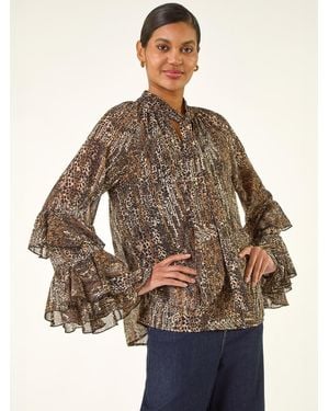 Roman Animal Print Tie Front Flared Top - Brown