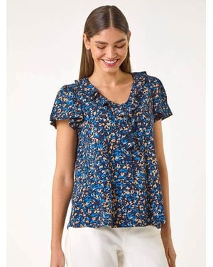 Roman Printed Ruffle V-Neck Top - Blue