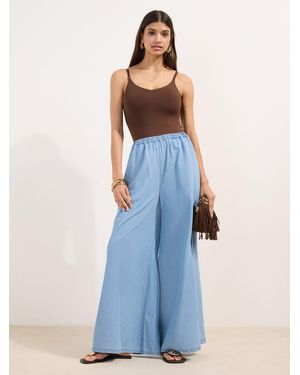 Friends Like These Light Wash Chambray Petite Elasticated Waist Palazzo Wide Leg Pants - Blue
