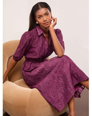 Lipsy Fit And Flare Textured 3/4 Sleeve Button Through Midi Shirt Dress - Purple