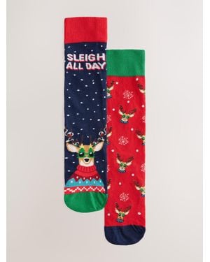 Next Sleigh All Day Reindeer Christmas Socks 2 Pack - Red