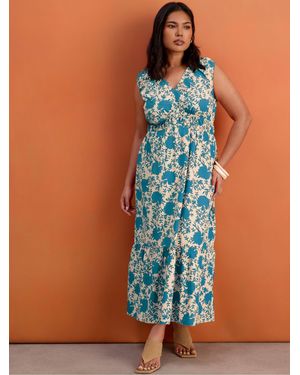 Live Unlimited Floral Print Cotton V-Neck Ruched Maxi Dress - Blue