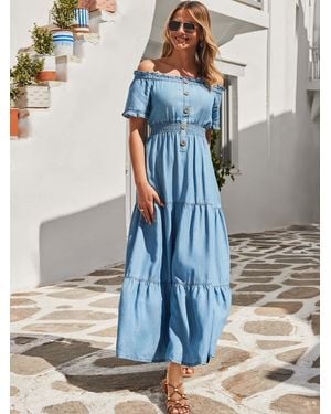 Sosandar Denim Shirred Waist Bardot Fit & Flare Maxi Dress - Blue