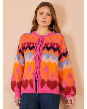 Yumi' Tie Front Heart Intarsia Cardigan - Red